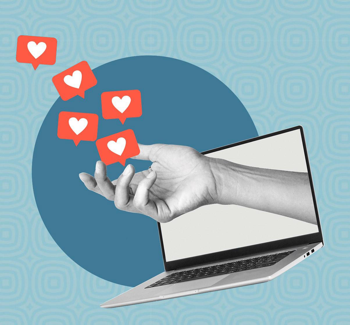 A floating laptop with a hand reaching out of the screen offering up floating hearts.